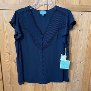 CeCe Navy V-Neck Pintuck & Lace Flutter Sleeve Blouse
